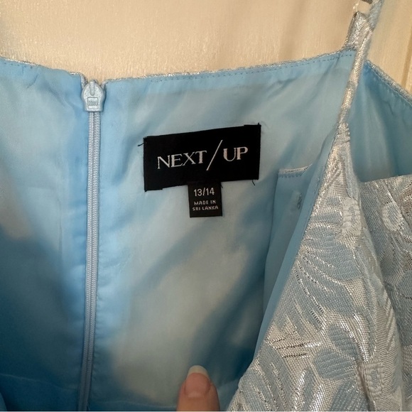 Next/Up Dress Sky Blue Metallic Silver Daisy Floral Spaghetti Straps Size 13/14 - Picture 6 of 12